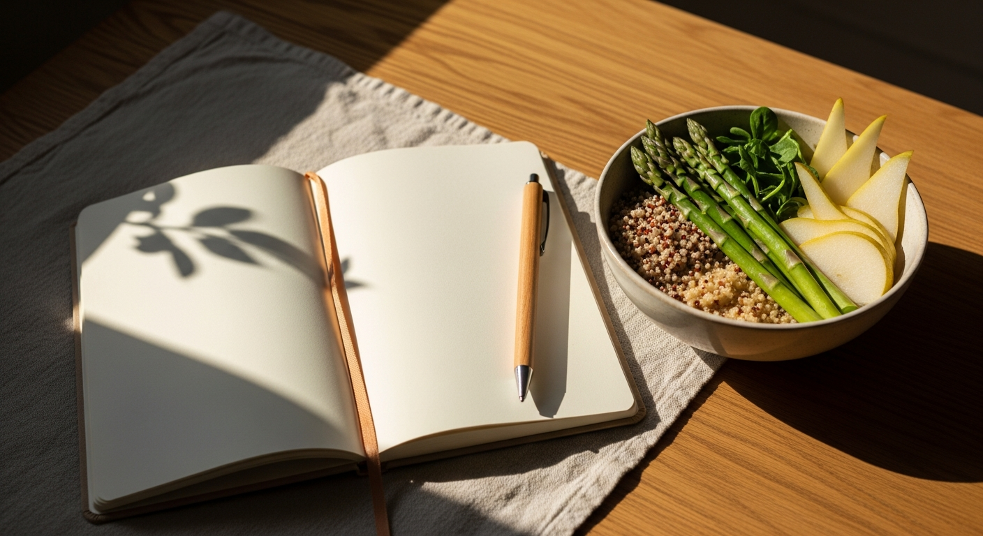 A patient tracking symptoms in a journal next to a healthy, low-histamine meal