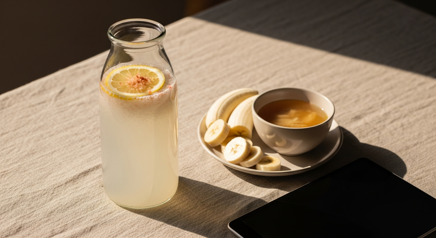 A patient tracking symptoms on a digital app alongside small, frequent, easily digestible meals and a large water bottle with electrolyte mix.